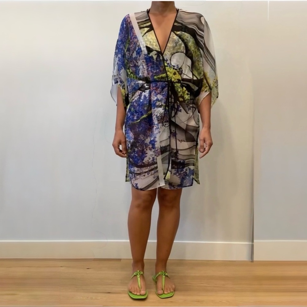 Clover Canyon Blue Green Abstract Print Swim Coverup